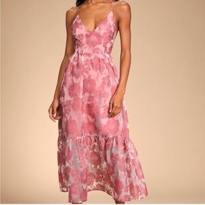 Lulu's Pink Floral Midi Dress “Feeling Like Forever Rose Jacquard”